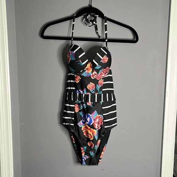 ModCloth Black and White Striped and Floral Print One Piece Bathing Suit Size XS - Picture 9 of 9